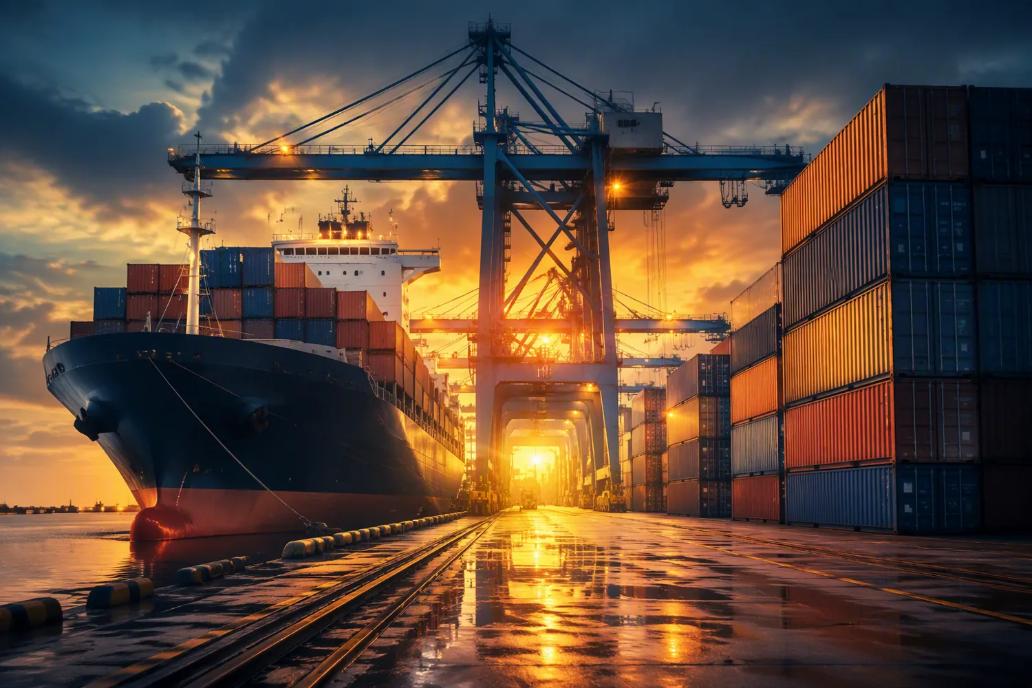 Cargo ship and containers representing import and export coordination